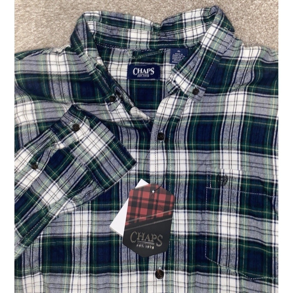 Chaps Rain Forest Green/Blue Check Plaid Flannel Mens XL Warm Preppy Viscose